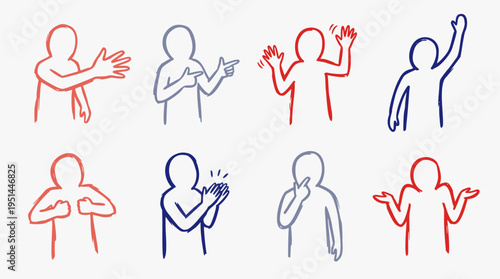 A set of minimal hand-drawn vector illustrations depicting various human figures with different body language and hand gestures, outlined in red and blue