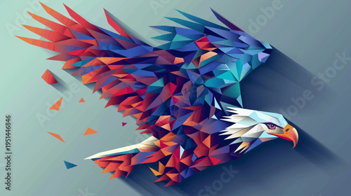 Abstract geometric eagle illustration soaring against a blue background