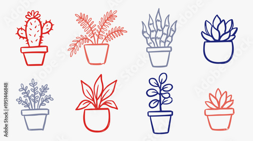 Hand-drawn vector collection of potted house plants, including succulents and cacti, in a charming doodle style with red and blue outlines