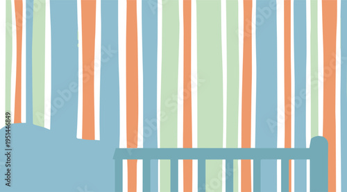 Baby crib in a colorful striped nursery with blue, orange, and green wallpaper background