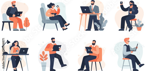 Diverse individuals using technology and working remotely from comfortable settings