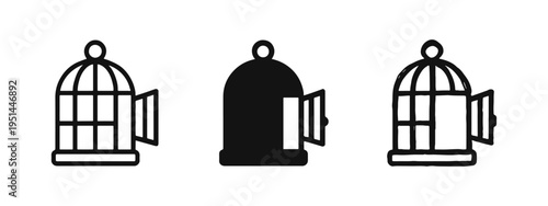 Open birdcage icon set, symbolizing freedom, escape, liberty, and release from captivity.