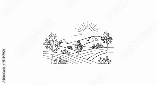 A stylized line drawing of a sunlit landscape with rolling hills and trees