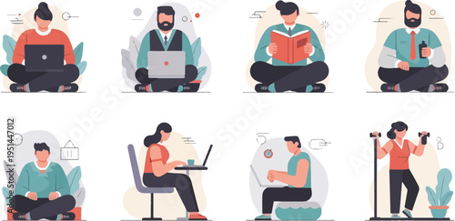 Diverse individuals engaged in various sedentary and active lifestyle pursuits