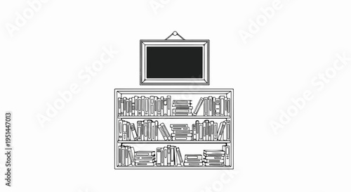 A black framed picture hangs above a three-shelf bookcase filled with many books