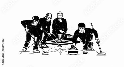 Athletes compete in a winter sport on a sheet of ice, with stones and brooms