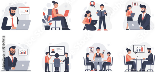 Wallpaper Mural A collage of eight illustrations depicting diverse business and work-related scenarios Torontodigital.ca