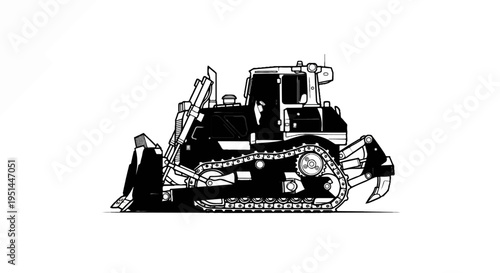 Black and white illustration of a heavy construction bulldozer