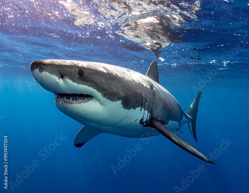 Great white shark in deep blue ocean