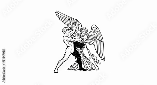 Angel wrestling a muscular man with a dark lower body, dynamic pose