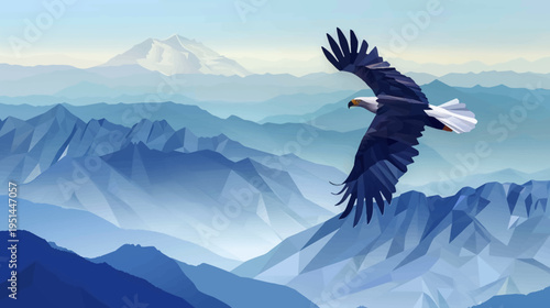 Soaring eagle against blue geometric mountains concept of freedom and vision