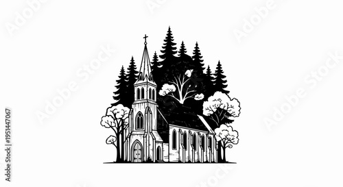 Wallpaper Mural A detailed black and white illustration of a church surrounded by trees Torontodigital.ca