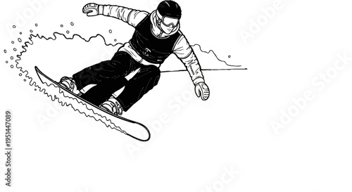 A person snowboarding downhill, kicking up snow as they carve