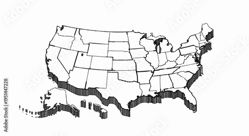 Stylized 3D map of the contiguous United States, Alaska, and Hawaii