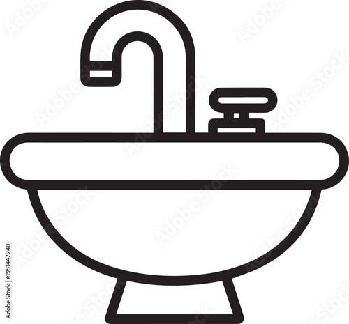 Bathroom sink basin with faucet and handle control icon representing home plumbing fixtures hygiene and interior house design elements outline