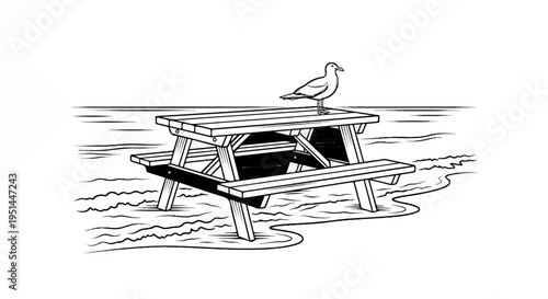 Sketch of a seagull perched on a wooden picnic table by the water