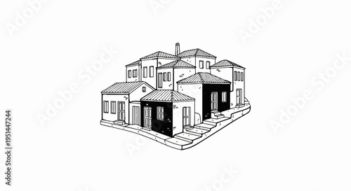 A cluster of white buildings with tiled roofs and dark, prominent doorways