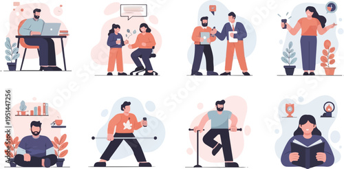 A collage of diverse modern lifestyle scenes, depicting work, leisure, and communication