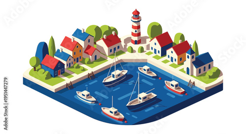Isometric coastal town with colorful buildings a lighthouse and boats on the water presented as a silhouette high quality professional detailed