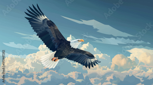 Majestic bald eagle soaring through cloudy sky freedom and power concept