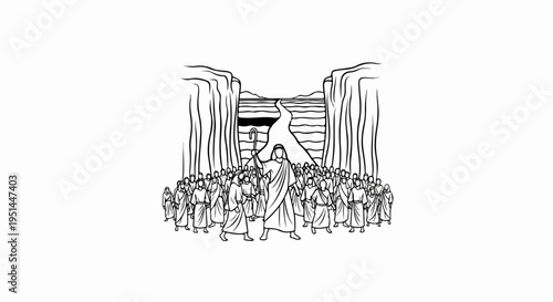 People walk through a chasm formed by cliffs towards a distant body of water