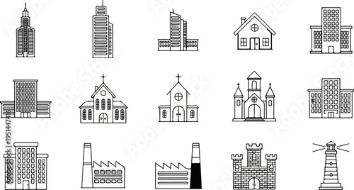 Collection of diverse building icons skyscrapers, houses, churches, factories, castle