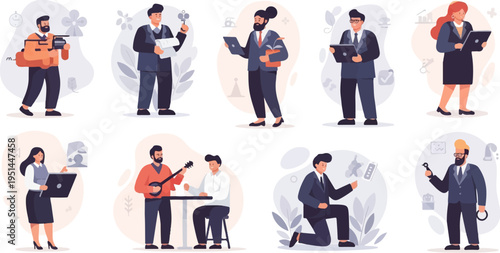 Diverse business professionals engaged in various activities, including tech and music