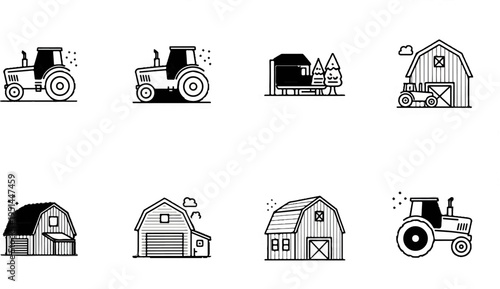 Minimalist line art icons of agricultural tractors and barns