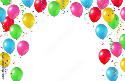 Vector colorful party balloons, confetti and streamers decorative border isolated on white background