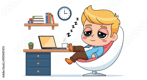 A cartoon man sitting in a chair at a desk with a laptop and books, looking sleepy with a clock in the background.