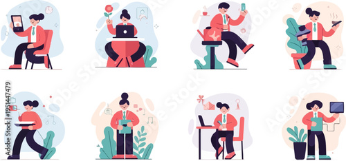 Diverse cartoon characters engaged in various daily tasks and activities