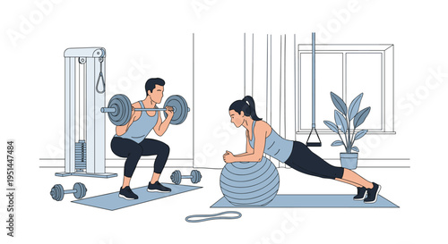 Man performs squats with a barbell while a woman does a plank exercise on a fitness ball in a modern gym setting.