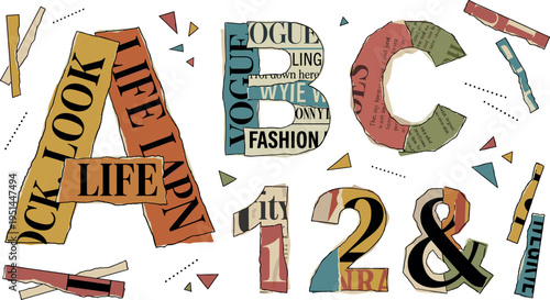 Creative Collage Alphabet Letters and Numbers Set with Newspaper Cutout Typography Style