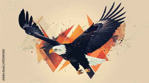 Soaring eagle with abstract geometric elements against a neutral background