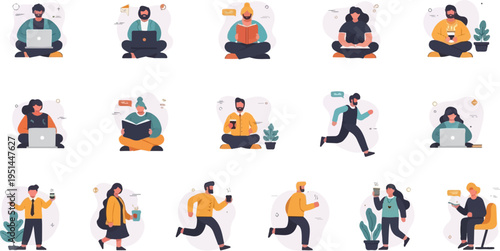 Diverse people engaged in activities like reading, using laptops, and drinking coffee