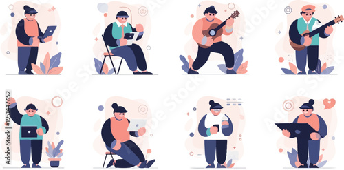 Eight illustrations of people engaged in leisure and work activities