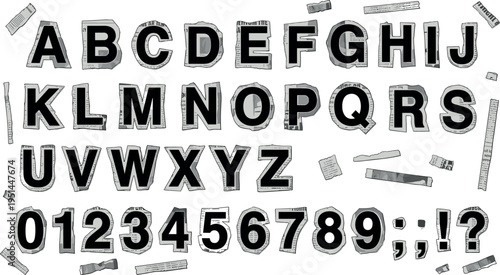 Grunge Newspaper Alphabet Letters and Numbers Set with Black Cutout Typography Style