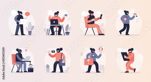 Flat illustration of people using various modern digital devices, work, and leisure