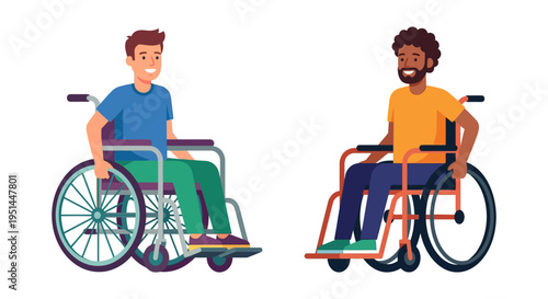 Two smiling men in wheelchairs interacting with each other cheerfully