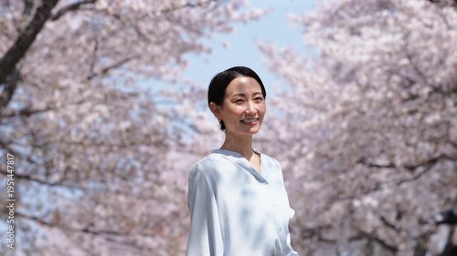 満開の桜と女性　スローモーション