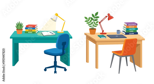 Two colorful workspaces with desks chairs and study materials