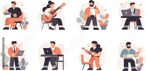 Diverse people engaged in various activities, including cooking, music, and work