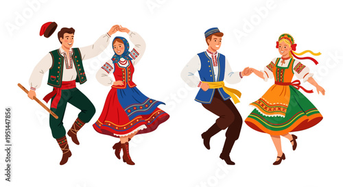 Four people in traditional eastern european folk costumes dancing cheerfully