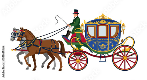 Elegant horse drawn carriage with a coachman and two horses depicted