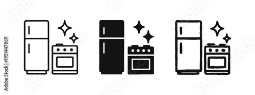 Clean Kitchen Appliances Icon Set - Sparkling Refrigerator and Stove