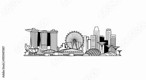 Stylized black and white line art of a famous city skyline with iconic buildings