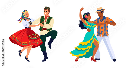 Diverse couples joyfully dancing in traditional cultural attire