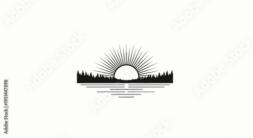 Sunburst over treeline and reflective water