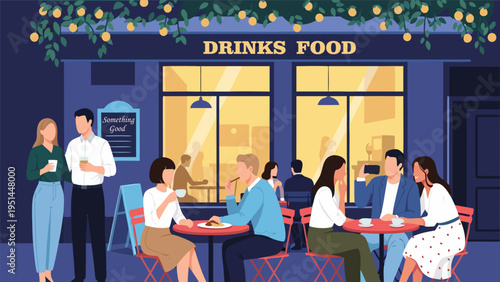 Vector illustration of friends socializing at outdoor café tables under evening lights
