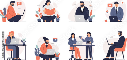 Various people working and reading on laptops and books in an office